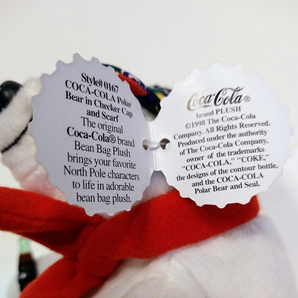 1998 Collectible Coca Cola Bean Bag Plush Polar Bear Checker Cap & Scarf 6". - Picture 10 of 14